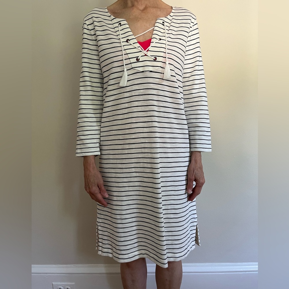 Boden Ivory and Navy Striped Lace-Up Cover-Up